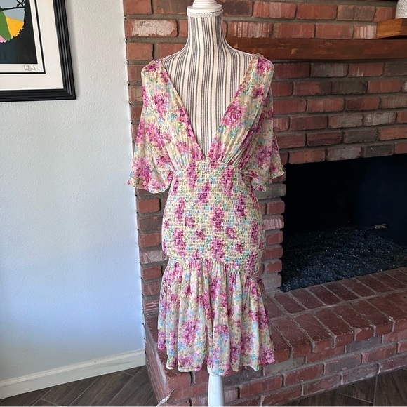 byTimo Floral Smocked Chiffon Mini Dress Sz M - Picture 2 of 10